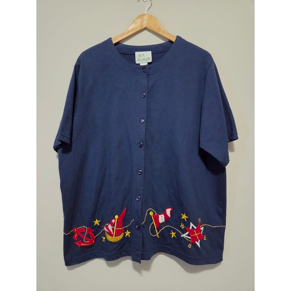 Quacker Factory‎ Womens 1X Navy Blue Nautical Embroidered Button Front Shirt Tee